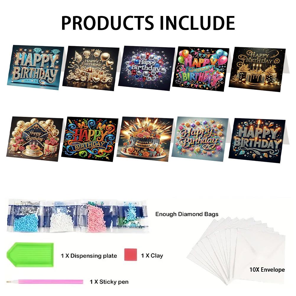 10pcs DIY Diamond Painting Greeting Card Set Birthday Pattern Diamond Art Greeting Cards for Birthdays Thanksgiving and Holidays