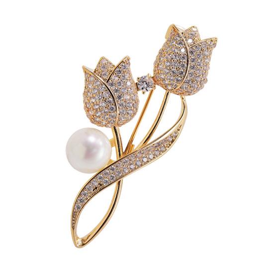 Women Brooch High-Gloss Rhinestone Inlay Imitation Pearl Decor Sparkling Tulip Design Lapel