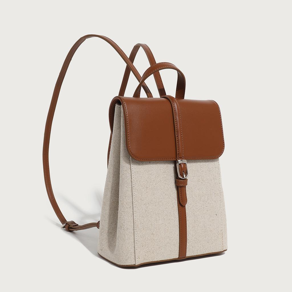 Summer new casual vacation-style leather and linen backpack with a French relaxed feel, large-capacity school bag