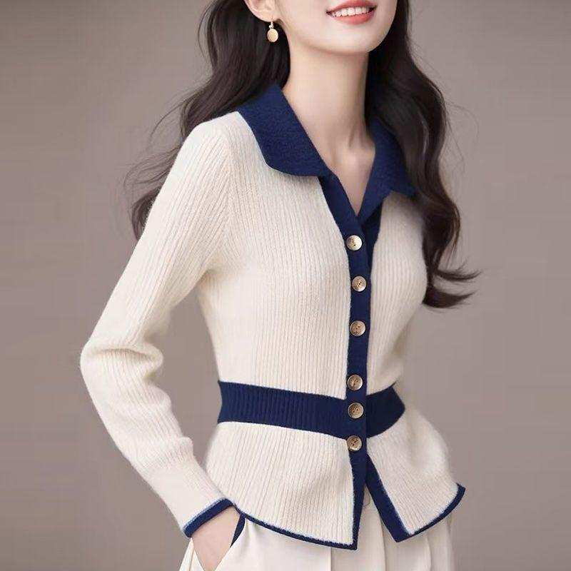 Lapel Long-sleeved Knitted Sweater Women's Autumn and Winter Design Sense Contrasting Colors, Waist and Thin Top Temperament Jacket