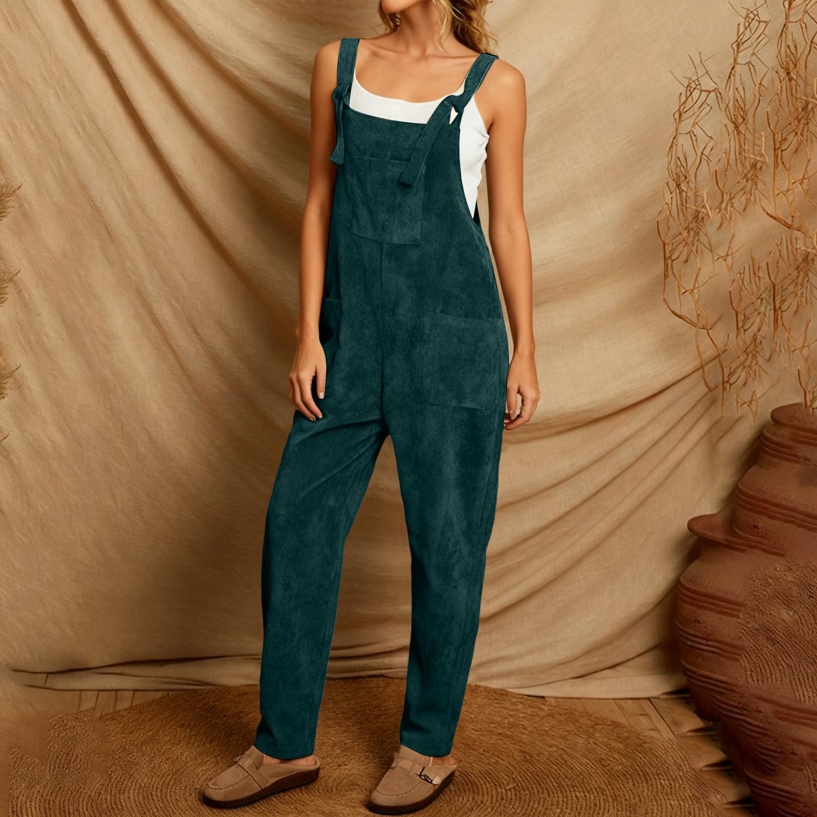 

Women s Solid Color Corduroy Wide Leg Overalls Sleeveless Vest Pocket Casual Jumpsuit XXL темно-зелений колір