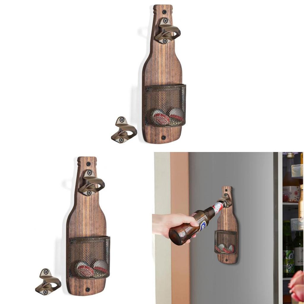 Wooden Wall Mounted Beer Opener With Cap Catcher For Bar Kitchen Decor