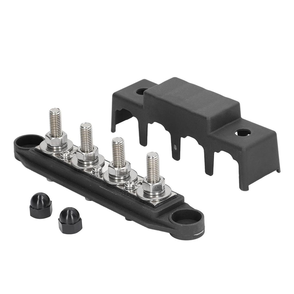 4 Post Power Distribution Block Bus Bar with Cover M8 Terminal Studs 250 Amp Rating for Marine Automotive RV Black