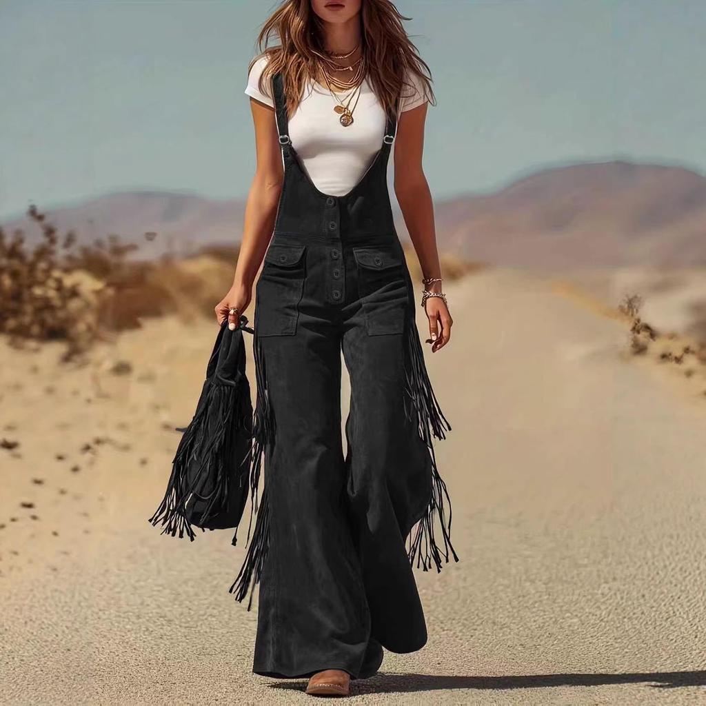 Salopette large rétro western en daim avec franges et décoration poche