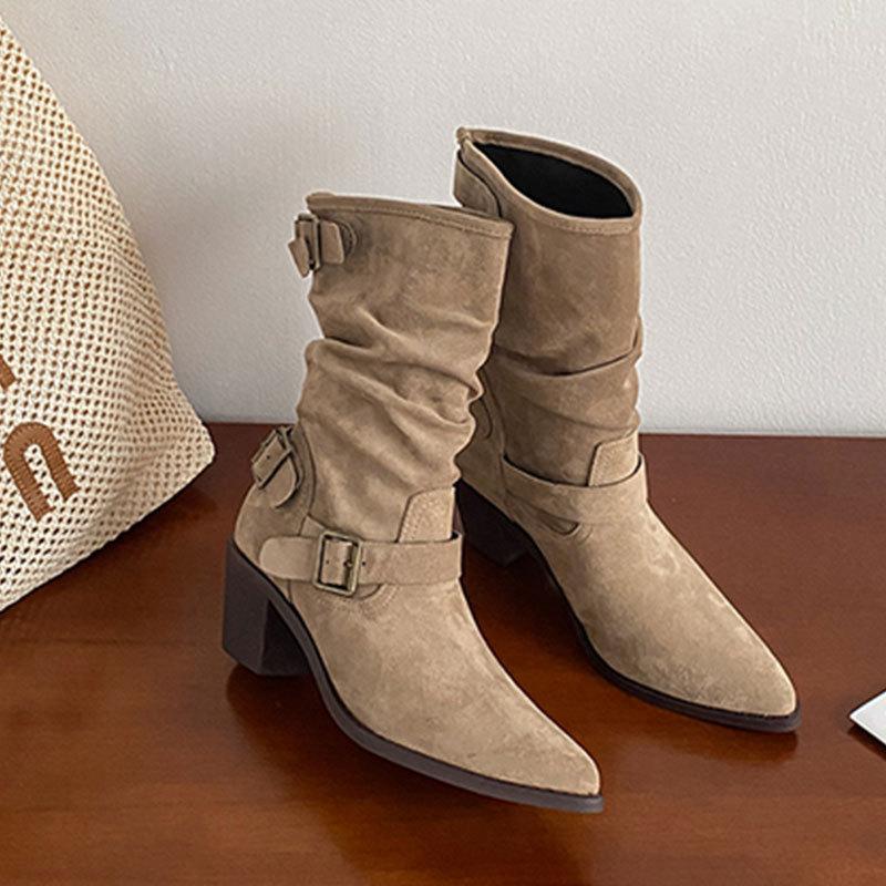 

Soft leather pointed toe thick heel white short boots women s British style belt buckle Martin boots temperament medium tube pile boots 35