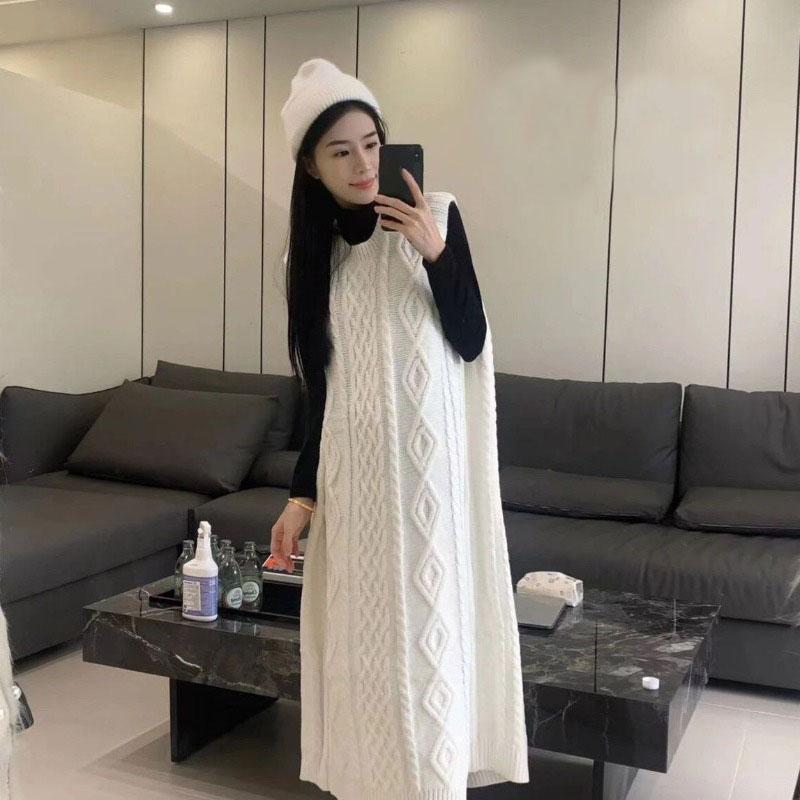

Pullover Vest Sweater Korean Version Versatile Loose Fried Dough Long Sweater Sleeveless Long Knitting Sweater Women One Size білий