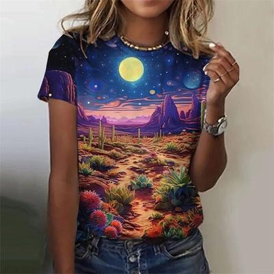 Camiseta con estampado de paisaje natural para mujer, camisetas con estampado 3D de plantas al atardecer, camisetas de moda urbana de verano, camisetas de cuello redondo, mangas cortas