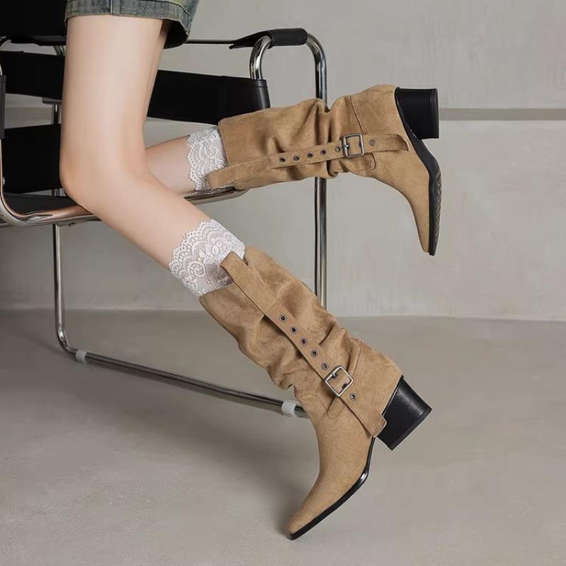 Fashion 2025 Retro Mid-Tube Pile Boots Pointed Toe Block Heel High Heel Booties Women