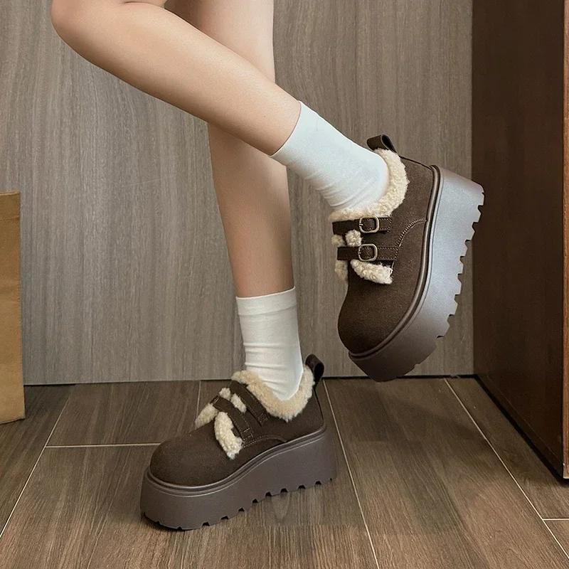 Women's Thick-soled Loafers Fur Round-toe Casual Sneakers Flat Shoes New Dress Winter Solid Color Keep Warm Breathable Versatile