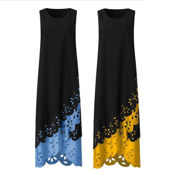 Women's Summer Fake Two Piece Swing Maxi Dress Casual Crew Neck Long Dress Hollow Flower Irregular Hem Sleeveless Tank Dress