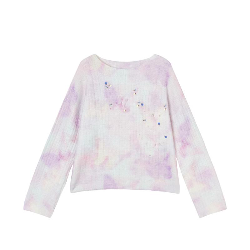 Xiangying Women's Purple Tie-Dye Butterfly Sequin Knit Sweater