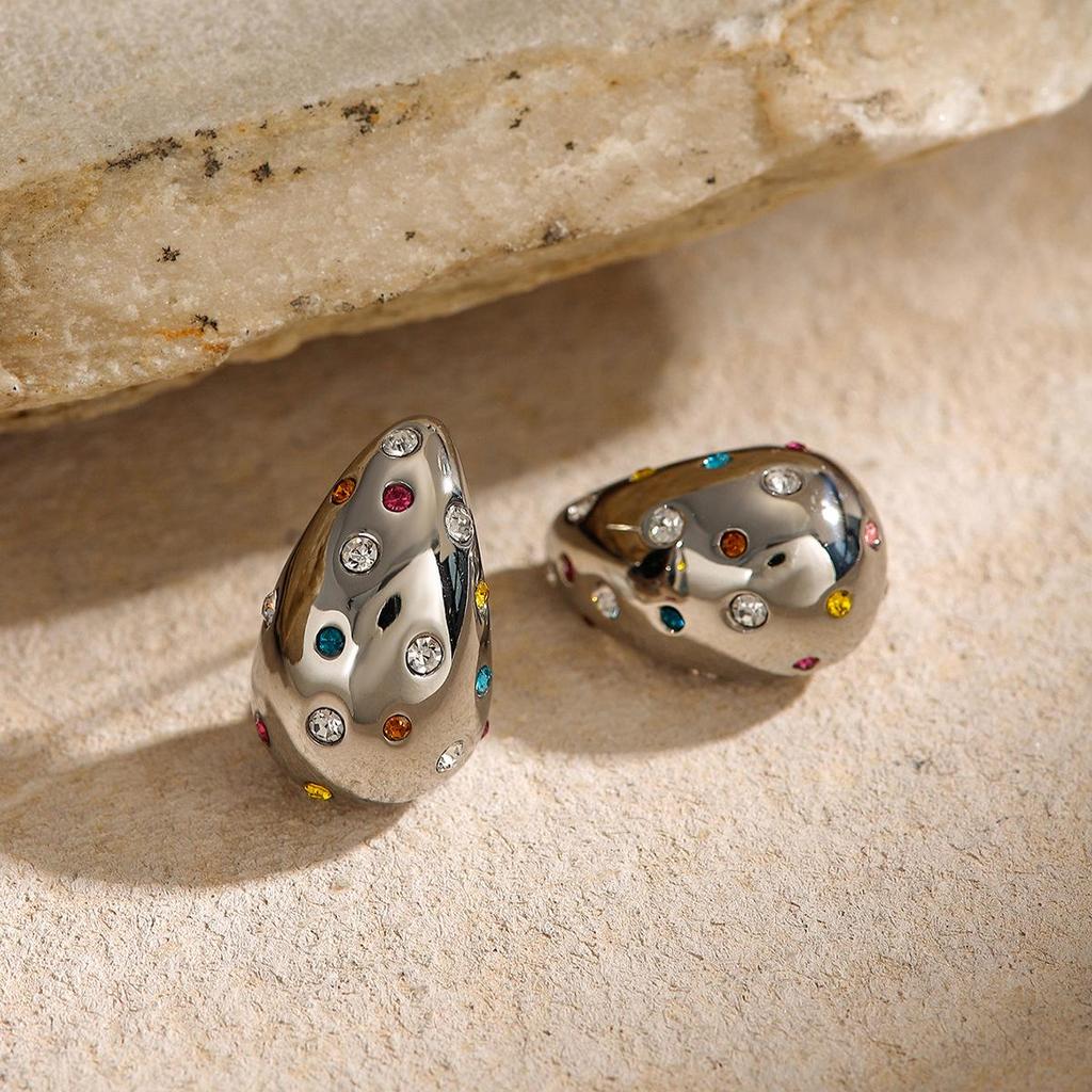 2024 Summer Women's Colorful Rhinestone Teardrop Stud Earrings - Stainless Steel, Niche Design