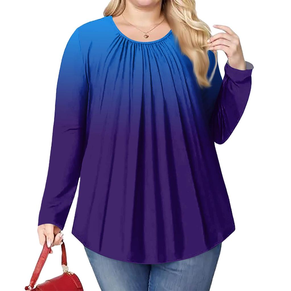 Women's Plus Size Fashion Printed Casual Pleated Round Neck Long Sleeve Top