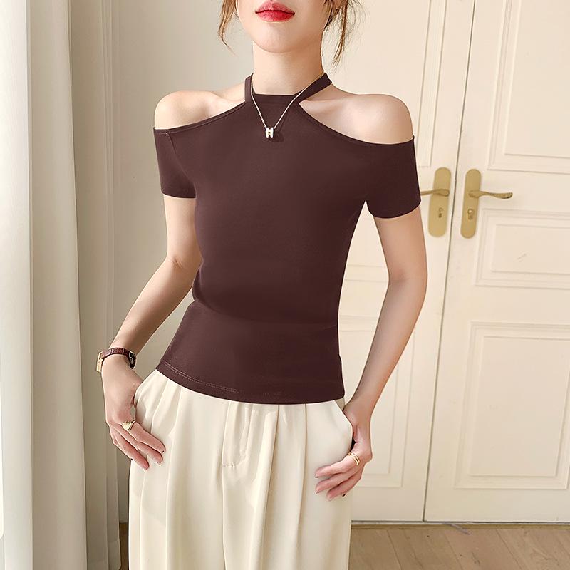 

Women s 2025 White Ribbed One-Shoulder Halter Slimming Top – Versatile & Chic Summer T-Shirt L (96-108 jin)
