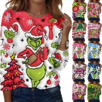 Damenmode, lässig, langärmelig, bedruckt, Rundhalsausschnitt, Pullover, Top, Bluse