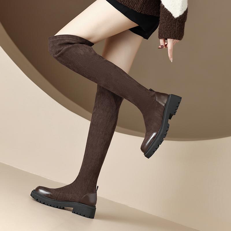 Krazing Pot Flock Autumn Winter Shoes Med Heels Size 43 Stovepipe Boots Round Toe Keep Warm Zipper Over-the-knee Boots