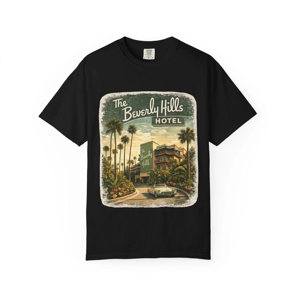Beverly Hills Hotel Vintage Resort Art T-shirt | Palm Trees, Retro Sign