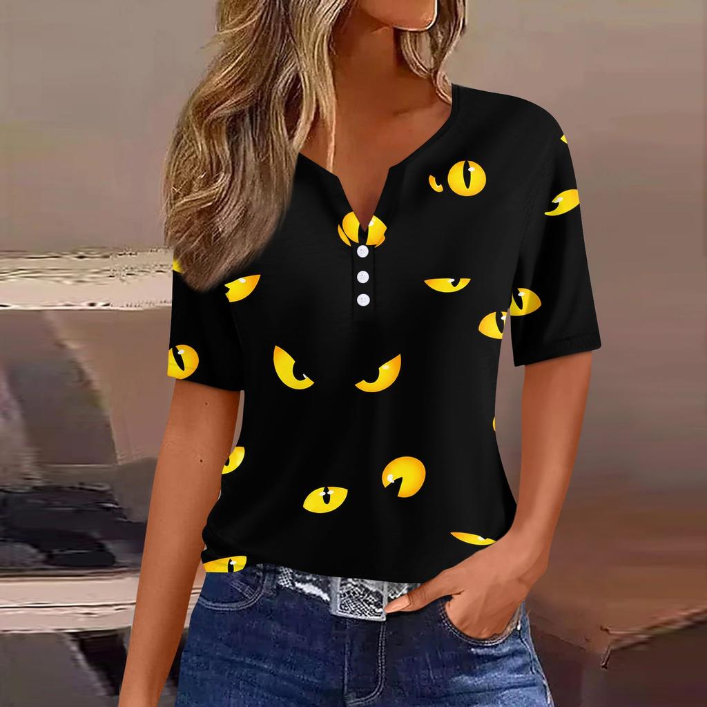 Women's Casual Halloween Print V Neck Short Sleeve Button Down T Shirt Top Lightweight Comfortable Fit
