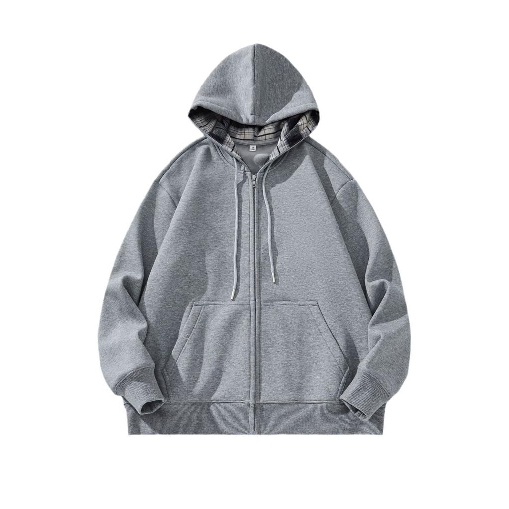 American Trendy Brand Heavy Plaid Hooded Cardigan Sweater Men'S Loose Zipper Shirt Flower Gray Jacket