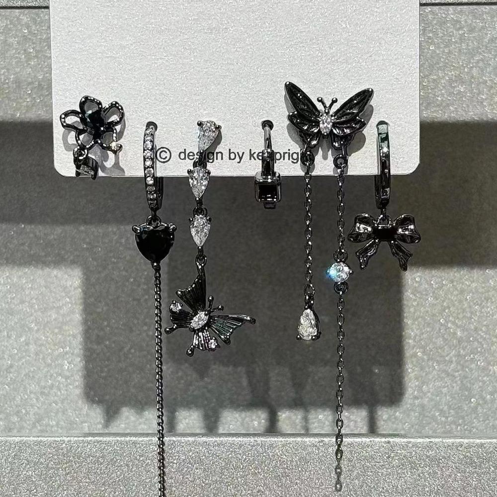6pcs Set Personality Trend Dark Butterfly Heart Star Cross Tassels Zircon Stud Earrings for Women Hip-hop Rock Y2K Jewelry Gift