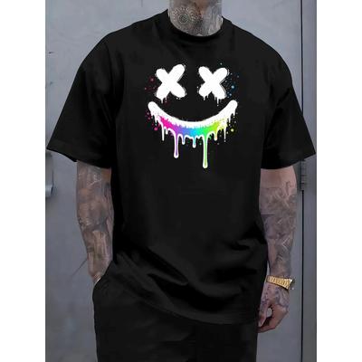 Taglie Europee T-shirt Casual da Uomo a Maniche Corte con Stampa Faccina Sorridente Graffiti - Vestibilità Regolare Girocollo Tee Streetwear Adatta