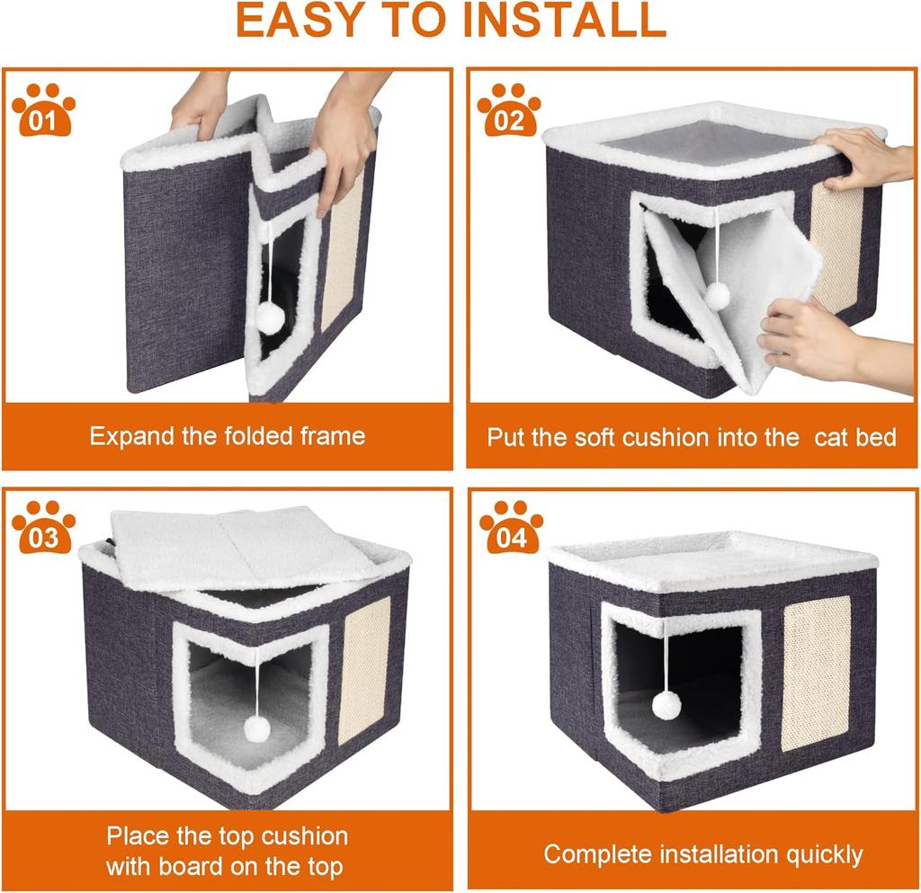 Cat Houses for Indoor Cats,Large Cat Bed Cave with Scratch Pad and Fluffy Ball, Foldable Cat Condo Hideaway