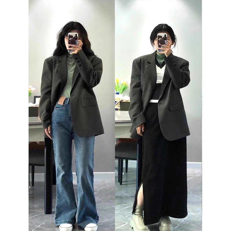 Women's High-End Grey Suit Jacket - Autumn 2025, Korean Style, Loose Casual Fit for Early Autumn