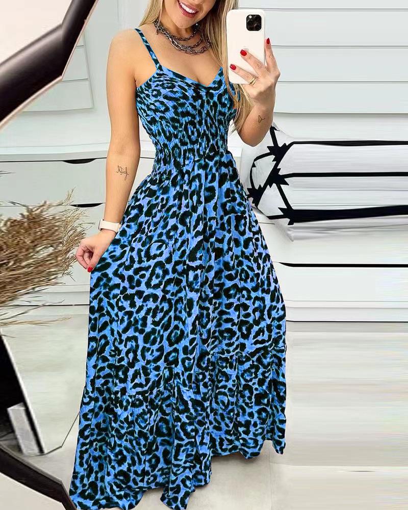 2025 European Summer Leopard Print Spaghetti Strap V-Neck High Waist Long Dress - Sexy & Fashionable Women s Clothing M