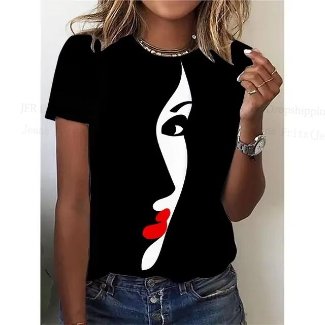 Summer Round Neck 3D Lady Face Graphic Print Top Fashionable Casual Short Sleeved Women's T-shirts