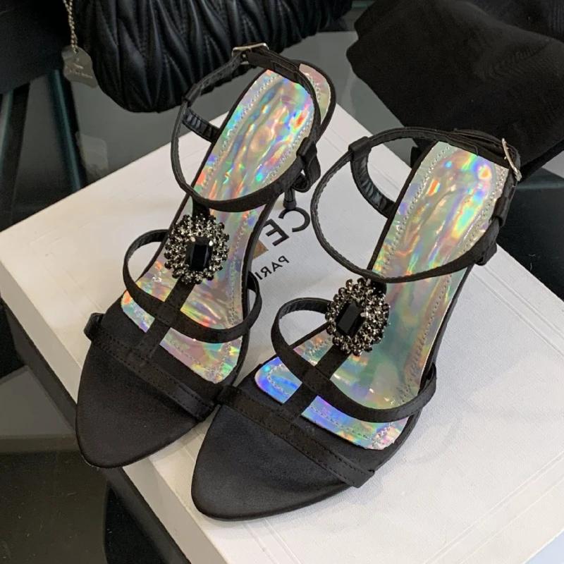 

Fashion Luxury Rhinestone Heeled Sandals Women Fashion Pointed Toe Ankle Strap Buckle Brand Designer Shoes Elegant Banquet High Heels 42 чёрный