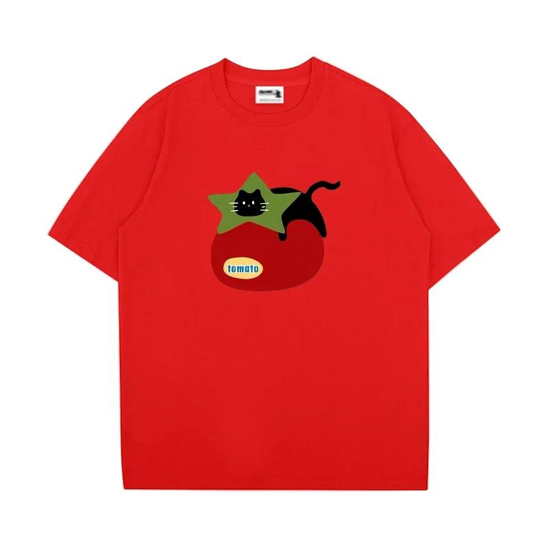 Men's Casual Tomato Cat Pattern Printed 100% Pure Cotton Short-sleeved T-shirt, Cute Kavai Humorous and Comfortable Top