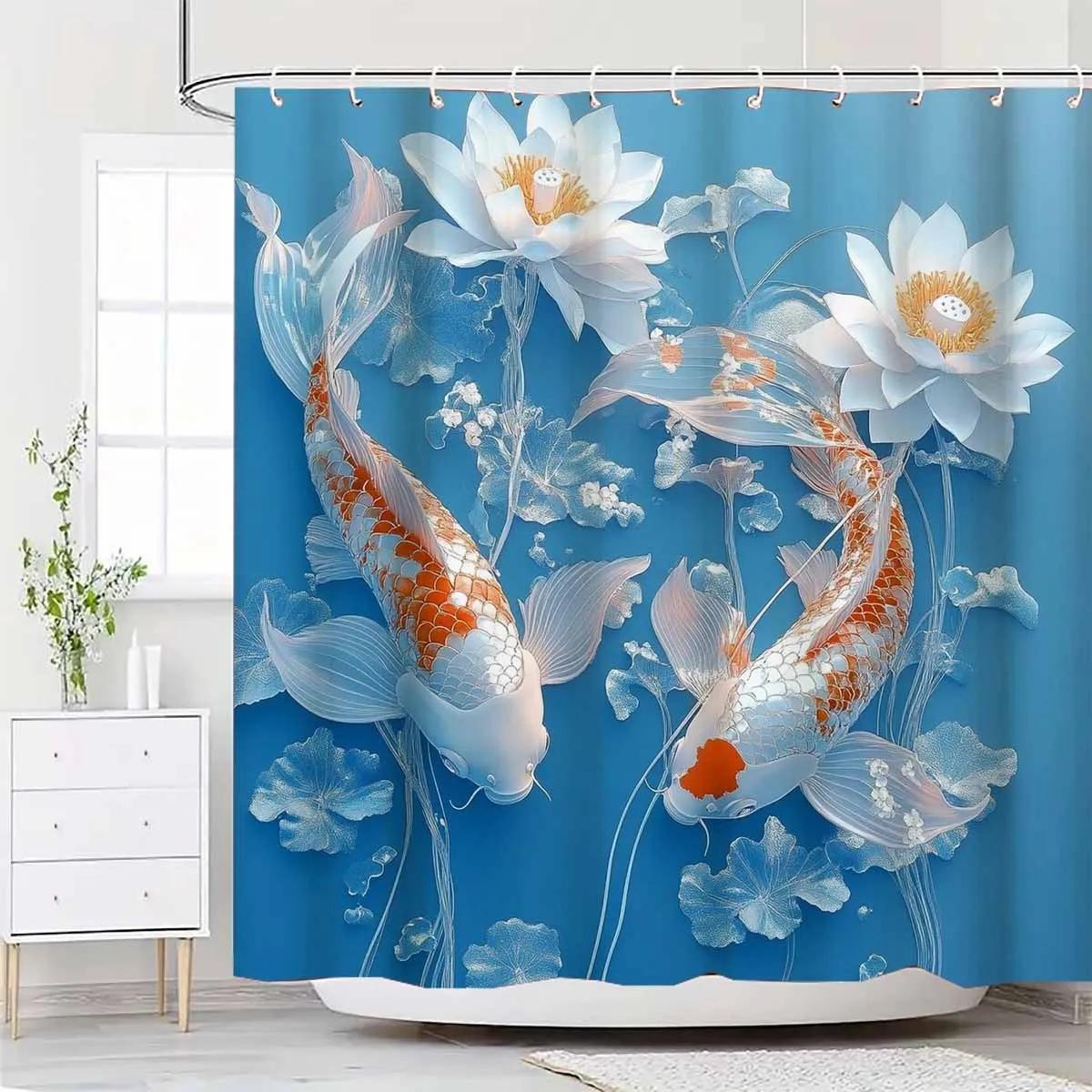 

1Pc A Light Elegant For Lotus Pond Koi Swimming Relief Pattern Decoration Shower Curtain - With 12 Hooks, Machine Washable, W60H190(CM)-1 Pcs