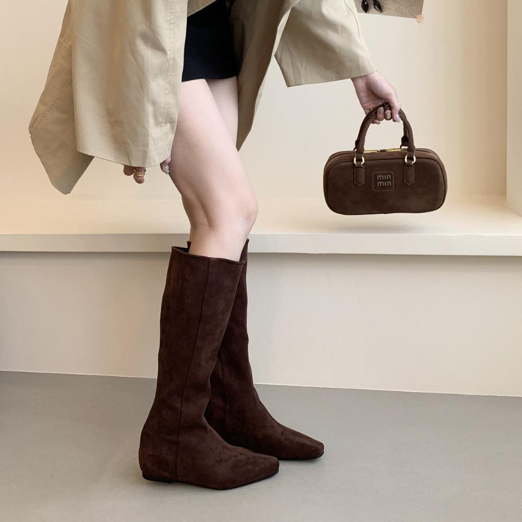 Inner Heightening Suede Square Head Boots for Women 2025 Autumn and Winter New Models But Knee High Boots Korean Version Sleeve Fashion Boots for Wo