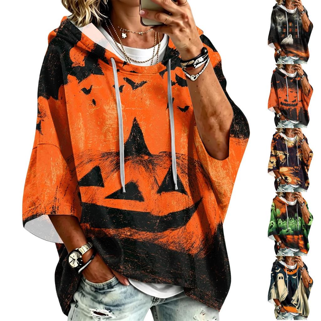 Women's Fashionable Three-Quarter-Sleeve Halloween-Printed Hooded Pullover
