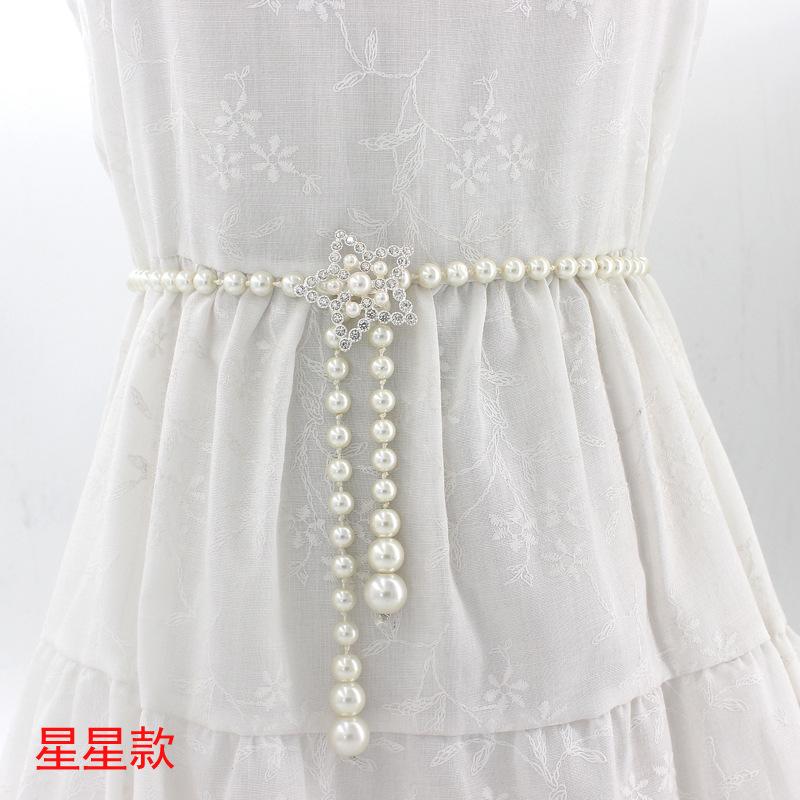 Mei Mary Women's korean style sweet bow dress with pearl waist chain - ladies' fashion decorative slim belt