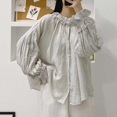 Autumn Vintage Linen Button Mori Womens Tops And Blouses Ruffles Collar Loose Solid Color Female Shirts