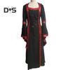 Damenkleid im mittelalterlichen königlichen Stil, mit Schnürung, Kapuze und Fledermausärmeln, Maxikleid mit Taillenbesatz, quadratischem Kragen, Bühnenauftritt, Halloween, Renaissance, Cosplay