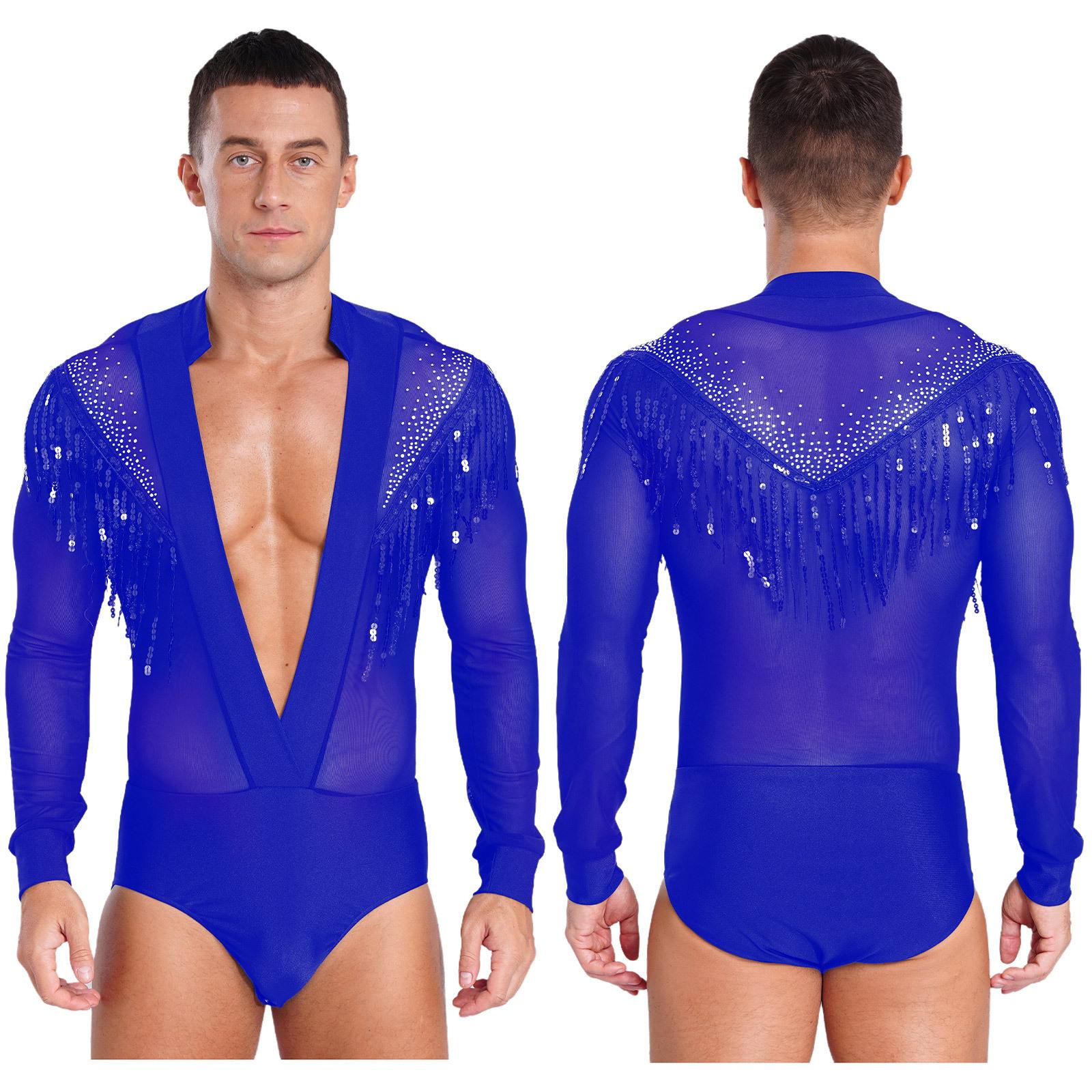 

Чоловіче латиноамериканське танго, джазовий танцювальний купальник, боді з глибоким V-подібним вирізом і китицями, тренувальний одяг для сучасних танців, професійний костюм для виступів S синій
