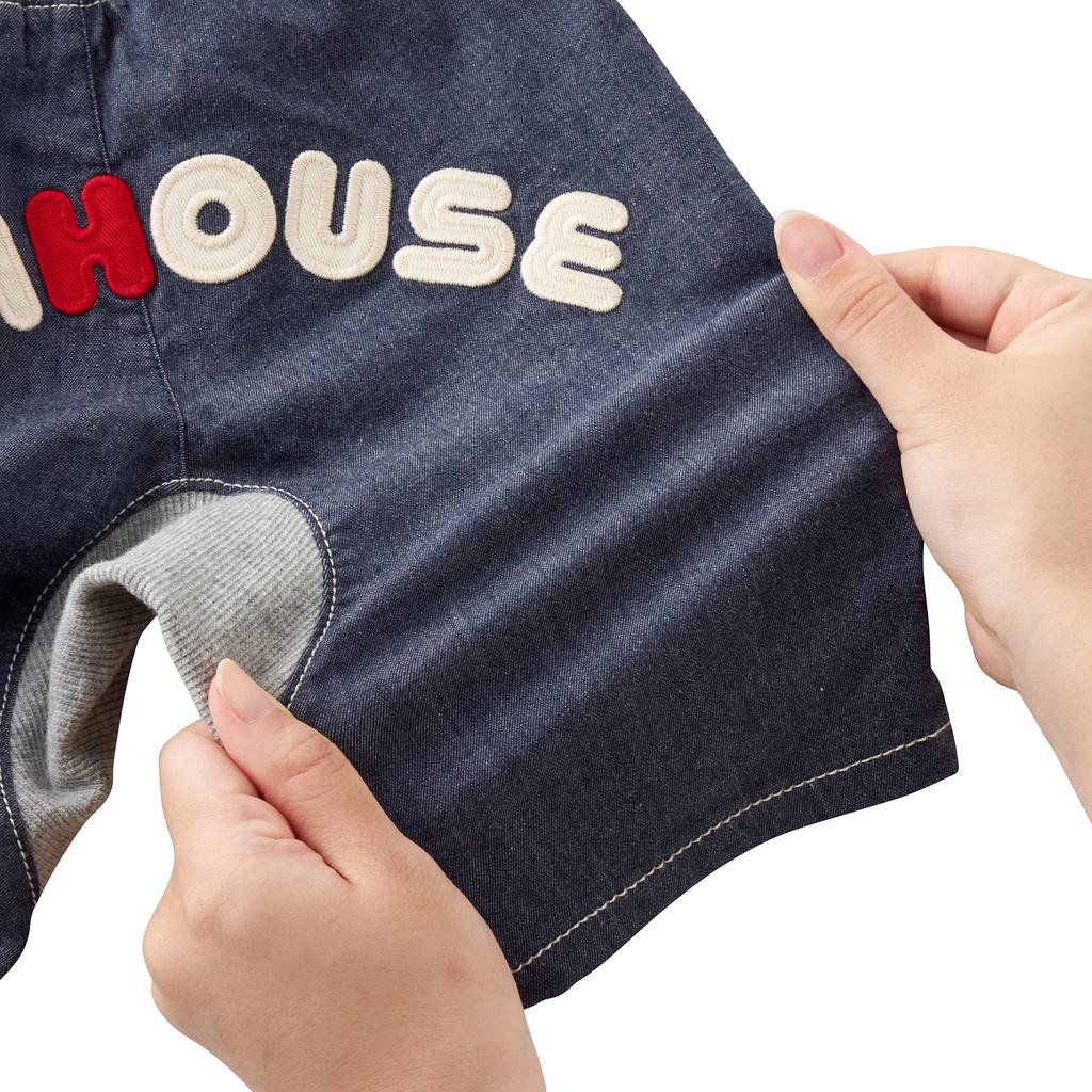 MIKI HOUSE Length Denim Pants with Logo and Made in for Boys and Baby and Indigo Blue 3/4 Stripes, Stretch, Japan, Girls, Kids, 10-3202-491, 110cm,