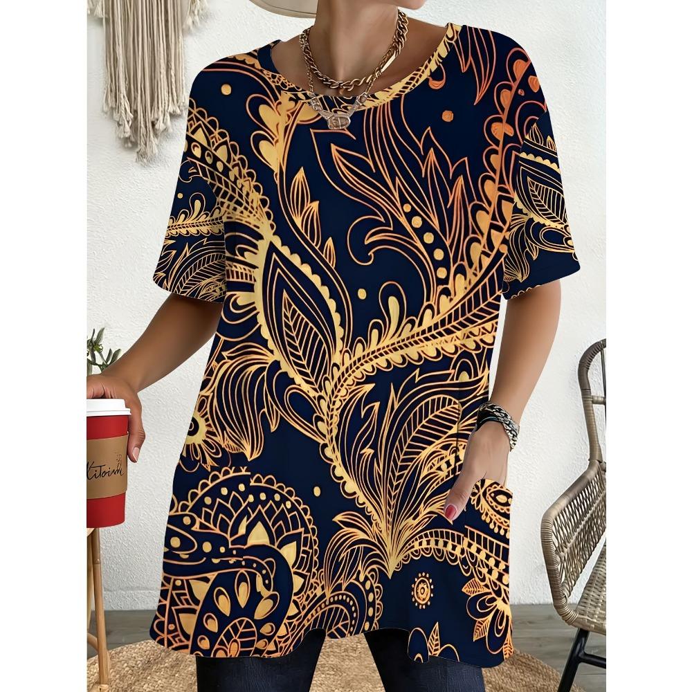 Women's Summer Short Sleeved T-shirt, 3D Printed Pocket T-shirt, Casual Plus Size T-shirt