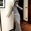 Twist Knitted Off-the-shoulder Suit Women's Early Spring Gray Long-sleeved Top Skirt Two-piece Set Soft Waxy Skin-friendly Elastic