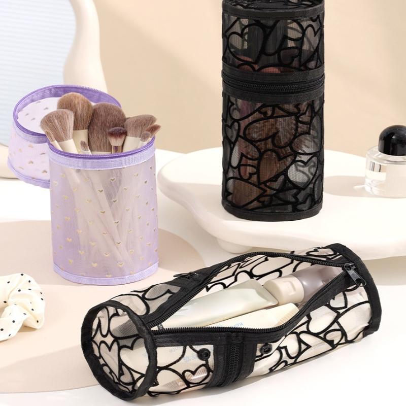 Large Capacity Makeup Brush Organizer Pouch Mesh Round Cosmetic Storage Bag Pouch Travel Cosmetics Case For Brushes & Tools