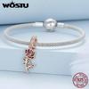 WOSTU 925 Silver Rose Gold Flower Charms Hepburn Tower Heart Beads Fit Bracelet & Necklace DIY Jewelry Making for Women