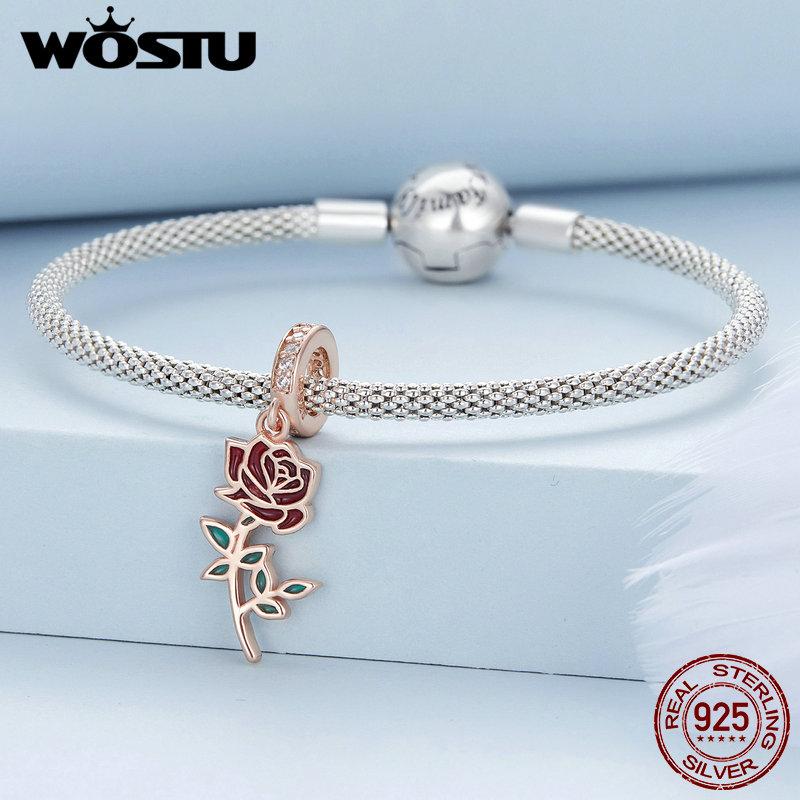 WOSTU 925 Silver Rose Gold Flower Charms Hepburn Tower Heart Beads Fit Bracelet & Necklace DIY Jewelry Making for Women