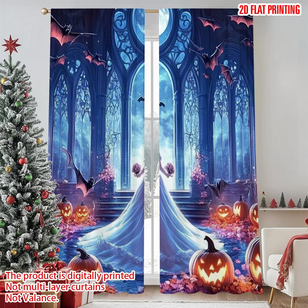 

2pcs 2D flat printing Christmas Scene Curtain Pumpkin arch bat 100% Polyester Without Electricity Festive Wall Decor Perfect for 52.50×116.00 CM 2pcs