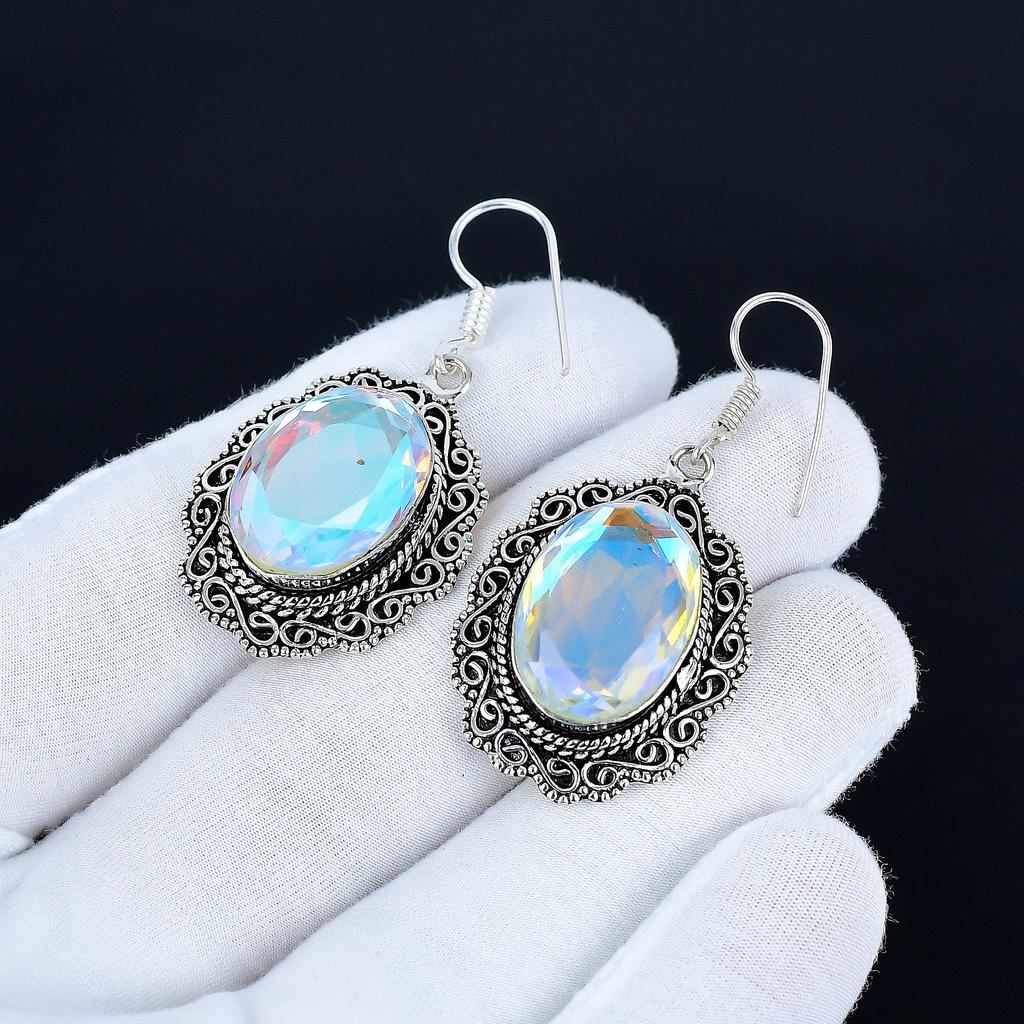 Mystic Topaz Gemstone Earrings, 925 Sterling Silver Earrings, Silver Earrings For Gift, Mystic Topaz Dangle Drop Earrings For Anniversary Gifts