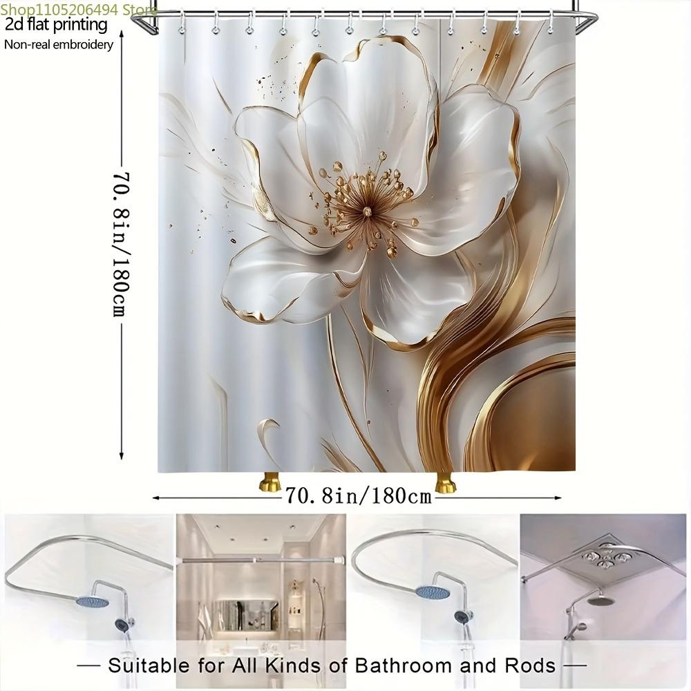 Elegant 3D Floral White Shower Curtain, 71x71 Inch, Polyester, Washable with Grommets - Luxurious Golden Accents, All-Season B
