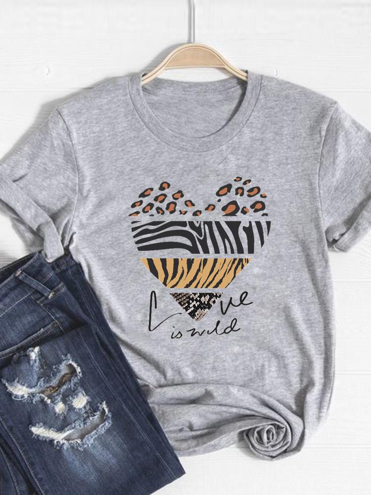 Tee Basic Clothing Women Clothes Print T Shirt Leopard Love Heart Trend Cute Summer Top Fashion Short Sleeve Graphic Tshirt