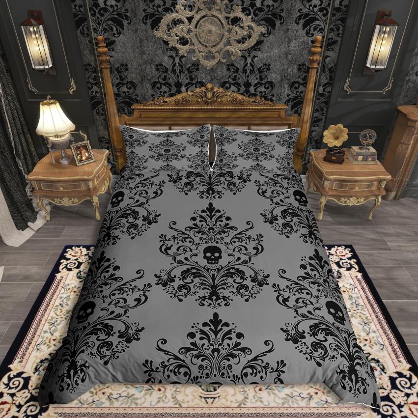 Homewish Vintage Damask Floral Duvet Cover Set,Gothic Skull Comforter Cover Set,Yellow Black Bed Set For Men Women