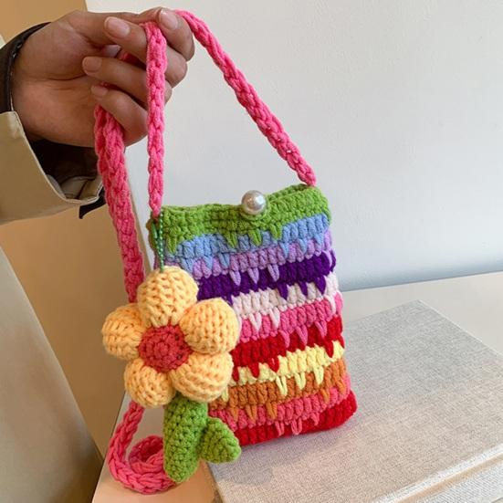 Women Crossbody Bag Colorful Crochet Cartoon Flower Pendant with Faux Pearl Lock Design